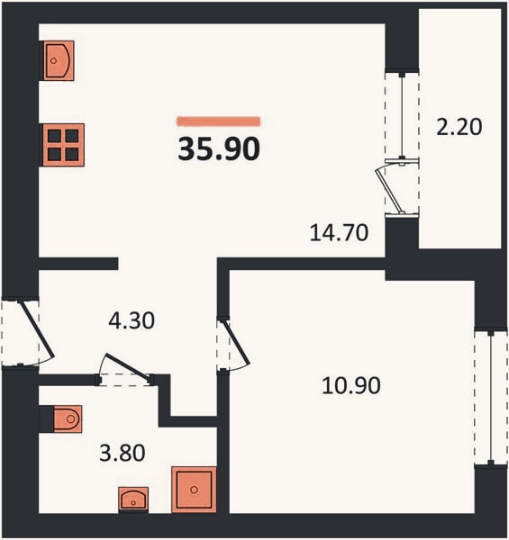 Планировка: 1-к, 35,9 м²