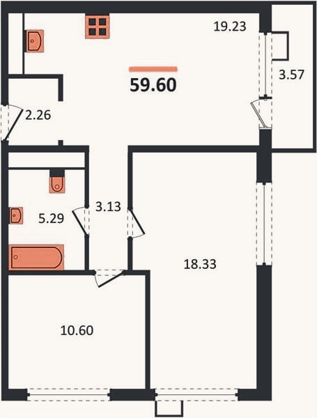 Планировка: 2-к, 59,6 м²