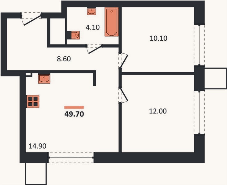 Планировка: 2-к, 49,7 м²