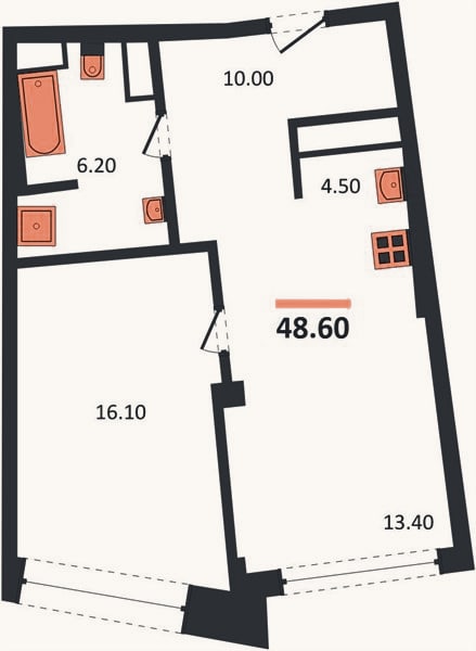 Планировка: 1-к, 48,6 м²