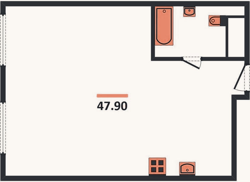 Планировка: 1-к, 47,9 м²
