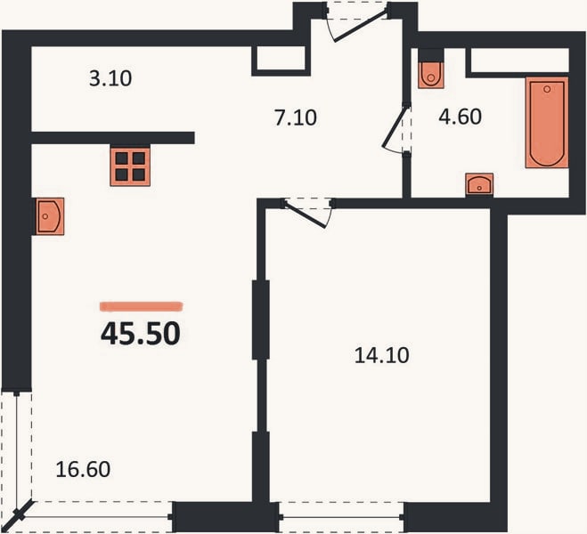Планировка: 1-к, 45,5 м²