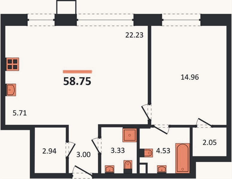 Планировка: 1-к, 58,8 м²