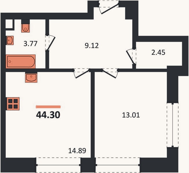 Планировка: 1-к, 44,3 м²