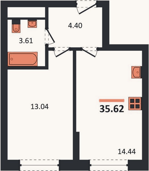 Планировка: 1-к, 35,6 м²