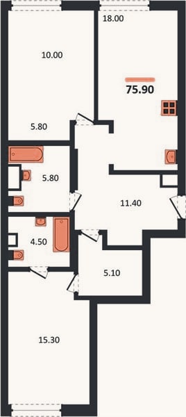 Планировка: 2-к, 75,9 м²