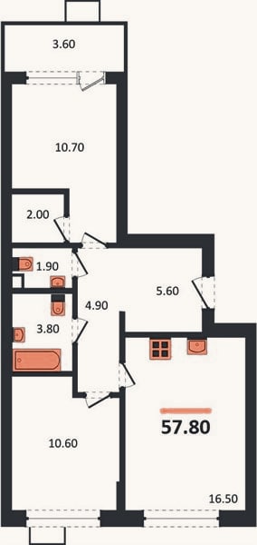 Планировка: 2-к, 57,8 м²