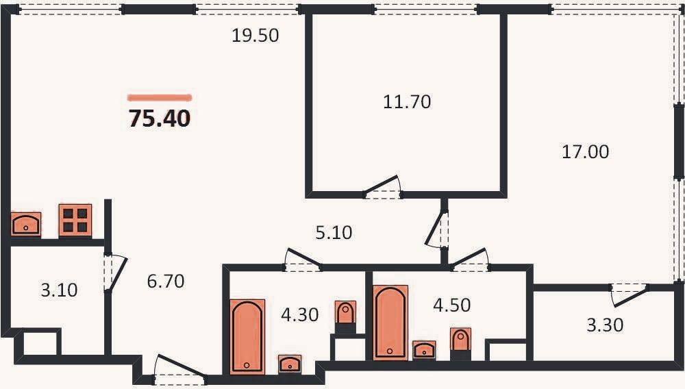 Планировка: 2-к, 75 м²