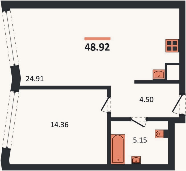 Планировка: 1-к, 48,9 м²