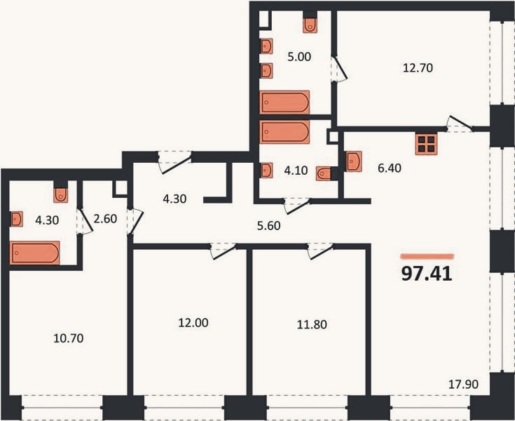 Планировка: 4+ к, 97,4 м²