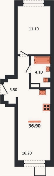 Планировка: 1-к, 36,9 м²