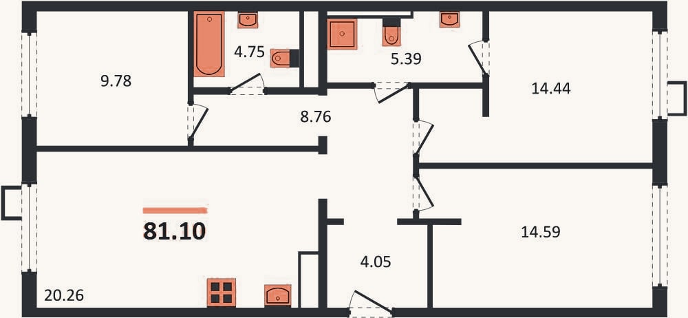 Планировка: 3-к, 81,1 м²