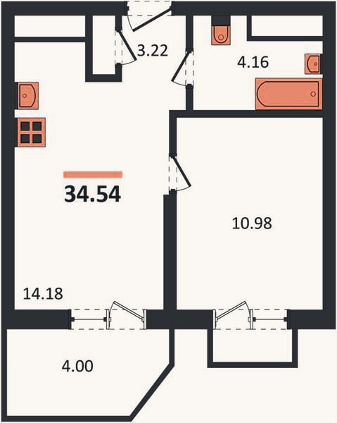 Планировка: 1-к, 34,5 м²
