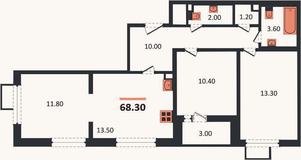 Планировка: 3-к, 68,3 м²