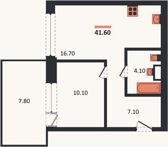 Планировка: 1-к, 41,6 м²
