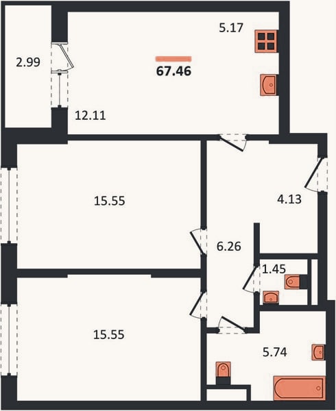 Планировка: 2-к, 67,5 м²