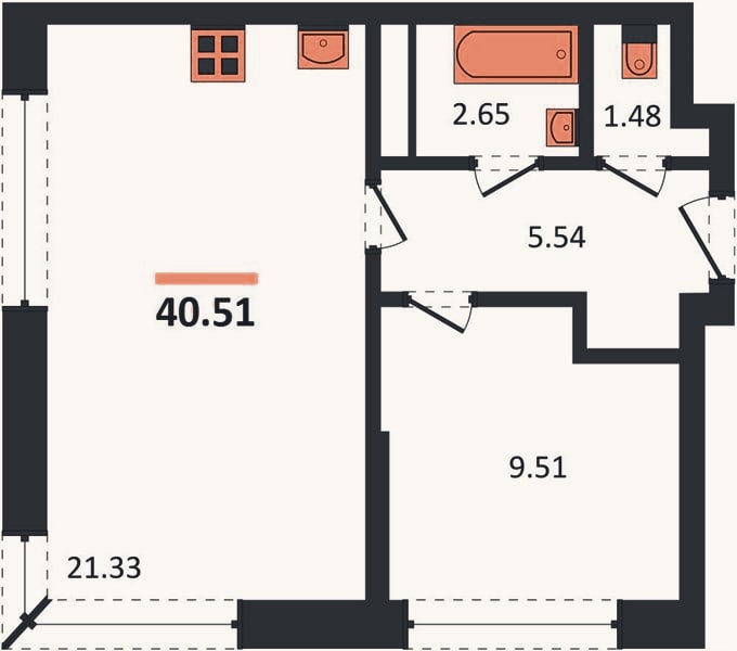 Планировка: 1-к, 40,5 м²