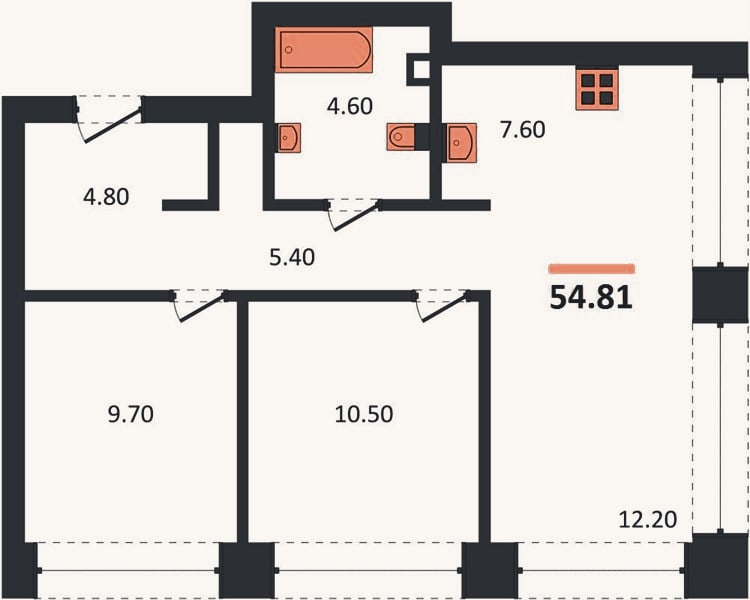 Планировка: 2-к, 54,8 м²