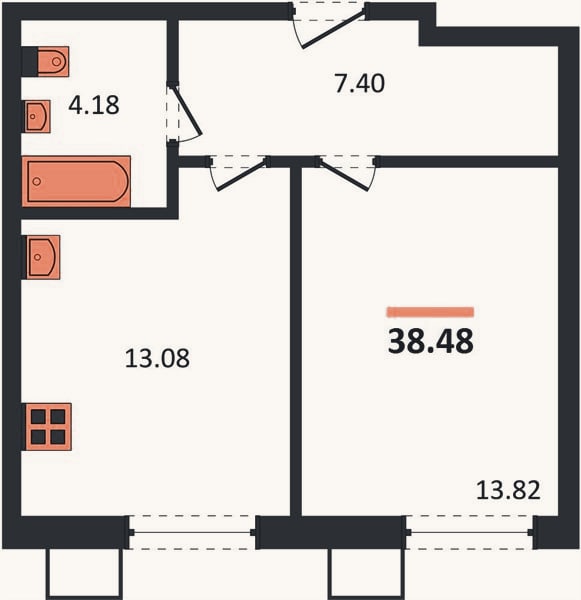 Планировка: 1-к, 38,5 м²