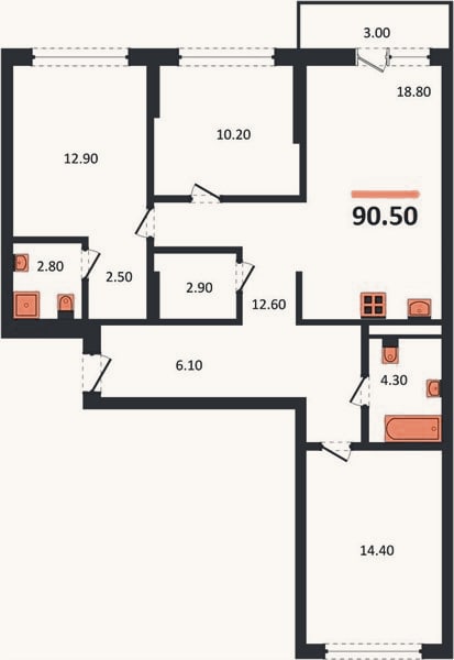 Планировка: 3-к, 90,5 м²