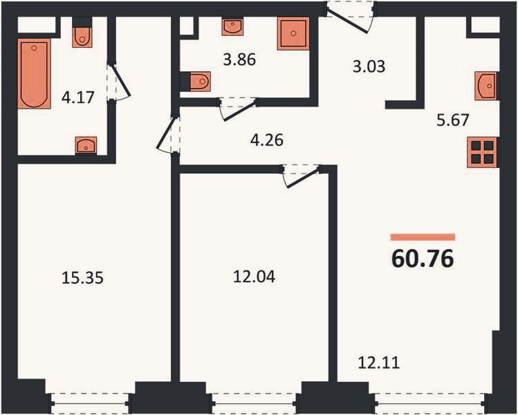 Планировка: 2-к, 60,8 м²