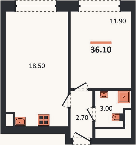 Планировка: 1-к, 36,1 м²