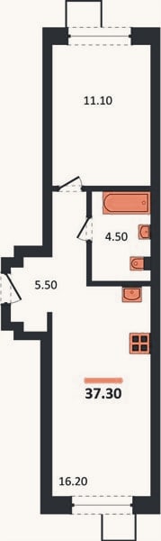 Планировка: 1-к, 37,3 м²
