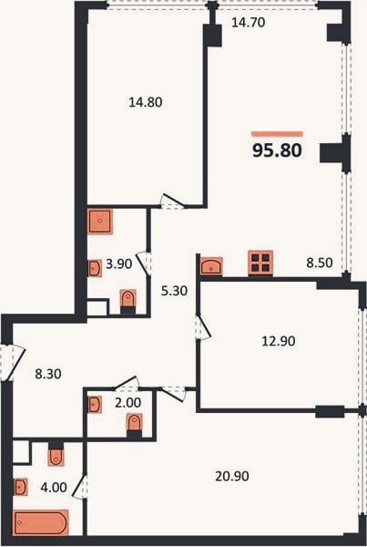 Планировка: 3-к, 95,8 м²