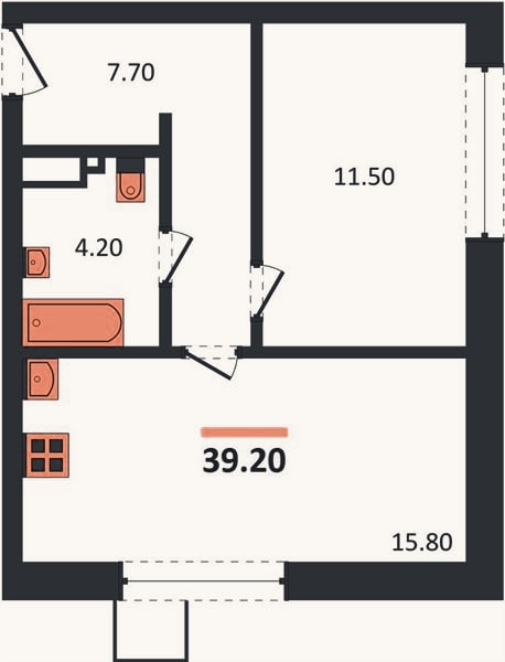 Планировка: 1-к, 39,2 м²