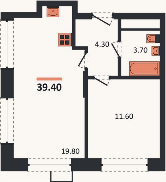 Планировка: 1-к, 39,4 м²