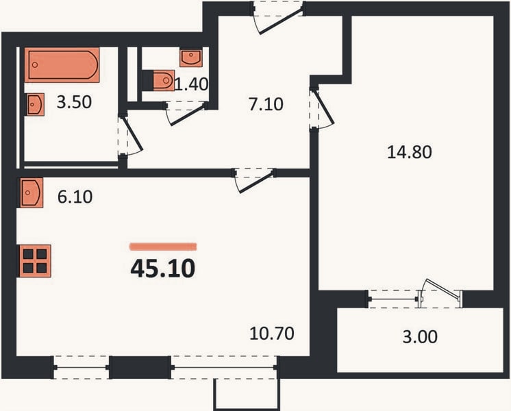 Планировка: 1-к, 45,1 м²