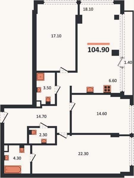 Планировка: 3-к, 104,9 м²