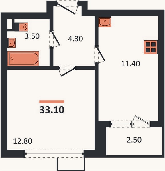 Планировка: 1-к, 33,1 м²