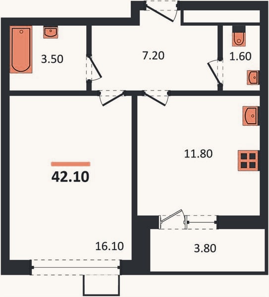 Планировка: 1-к, 42,1 м²