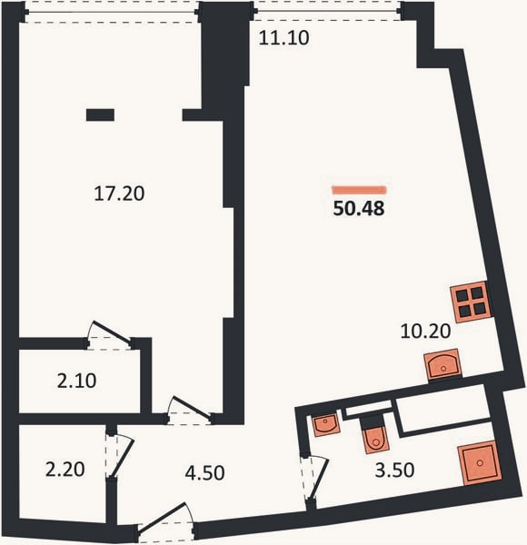 Планировка: 1-к, 50,5 м²