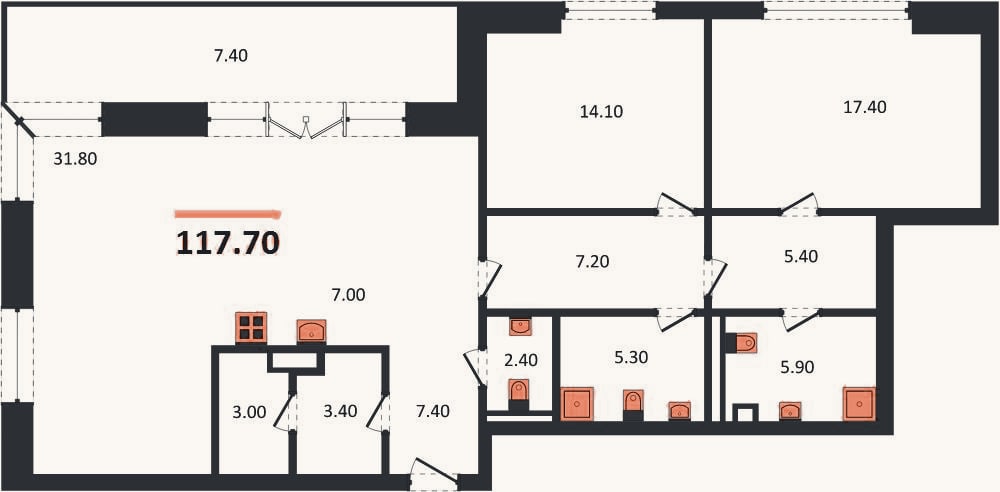 Планировка: 2-к, 117,7 м²