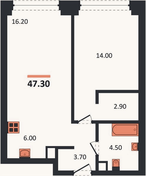 Планировка: 1-к, 47,3 м²