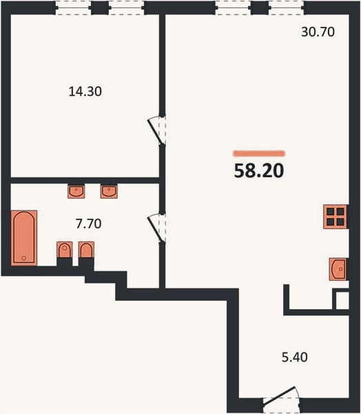Планировка: 1-к, 58,7 м²
