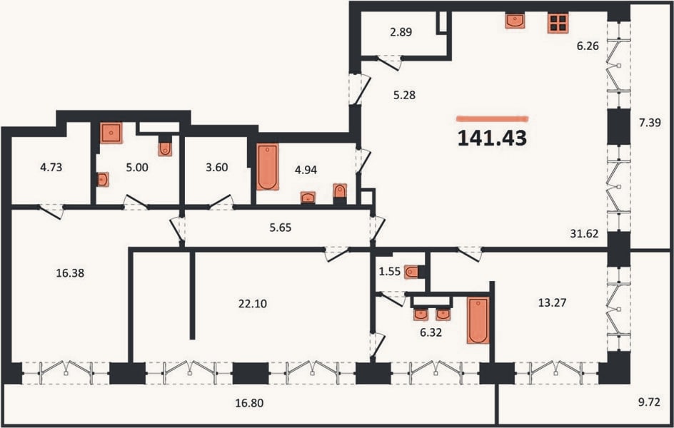 Планировка: 3-к, 141,4 м²