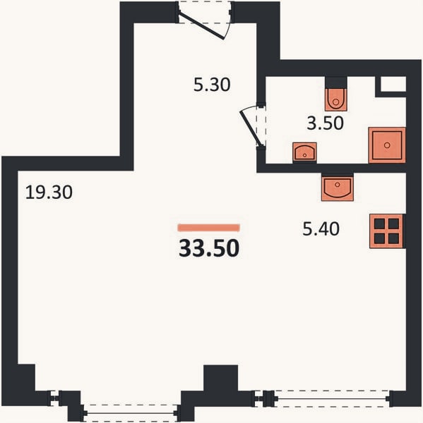 Планировка: Студия, 33,5 м²