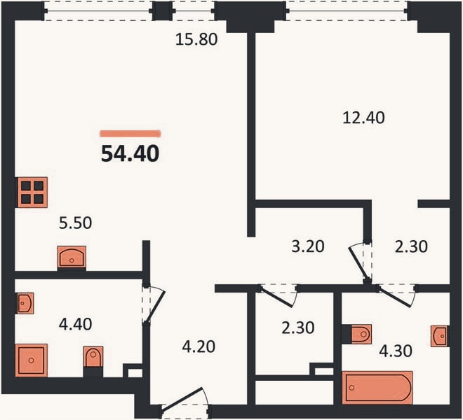 Планировка: 1-к, 54,4 м²