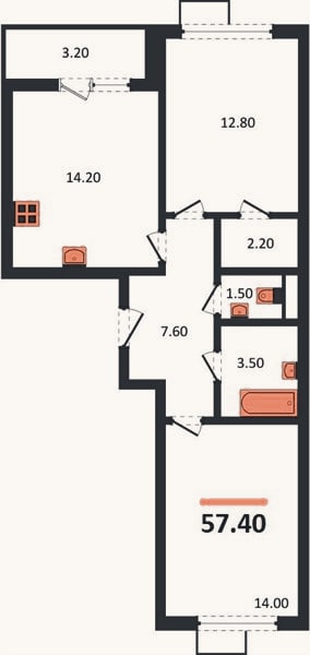 Планировка: 2-к, 57,4 м²
