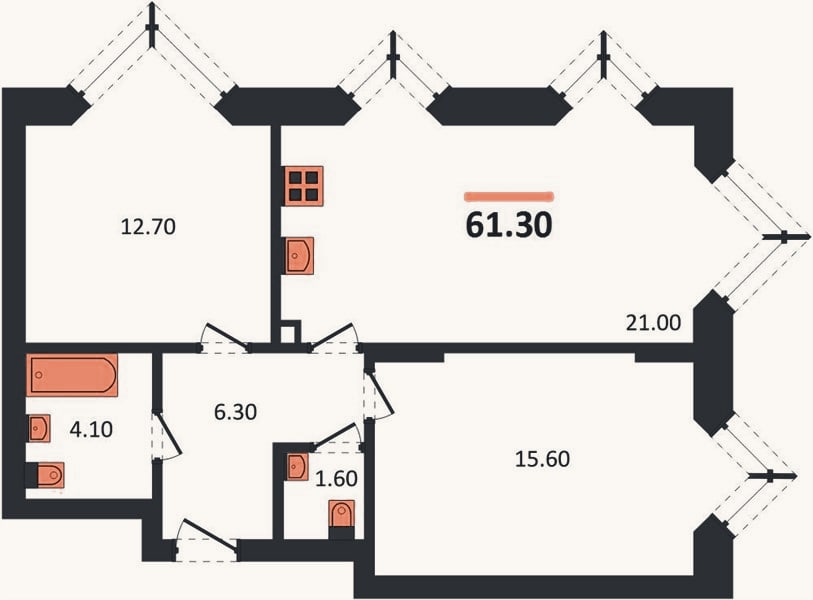 Планировка: 2-к, 61,3 м²