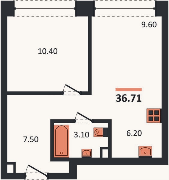 Планировка: 1-к, 36,7 м²