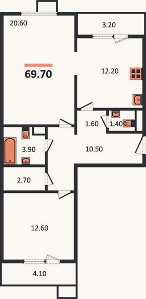 Планировка: 2-к, 69,7 м²