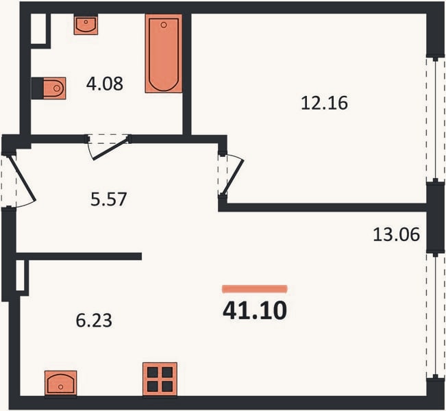 Планировка: 1-к, 41,1 м²