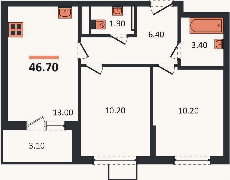 Планировка: 2-к, 46,7 м²