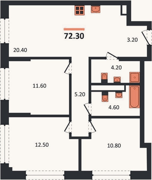 Планировка: 3-к, 72,3 м²