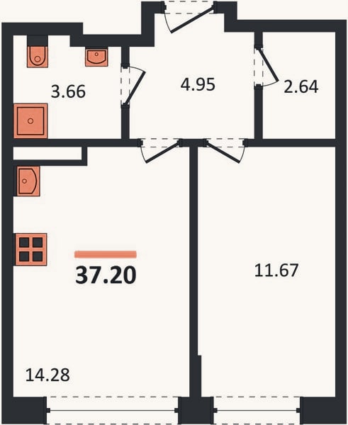 Планировка: 1-к, 37,2 м²