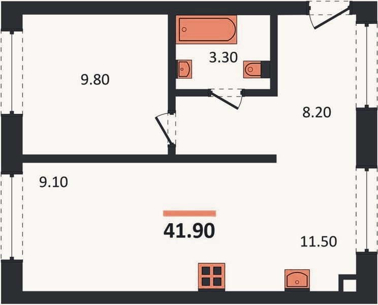 Планировка: 1-к, 41,9 м²